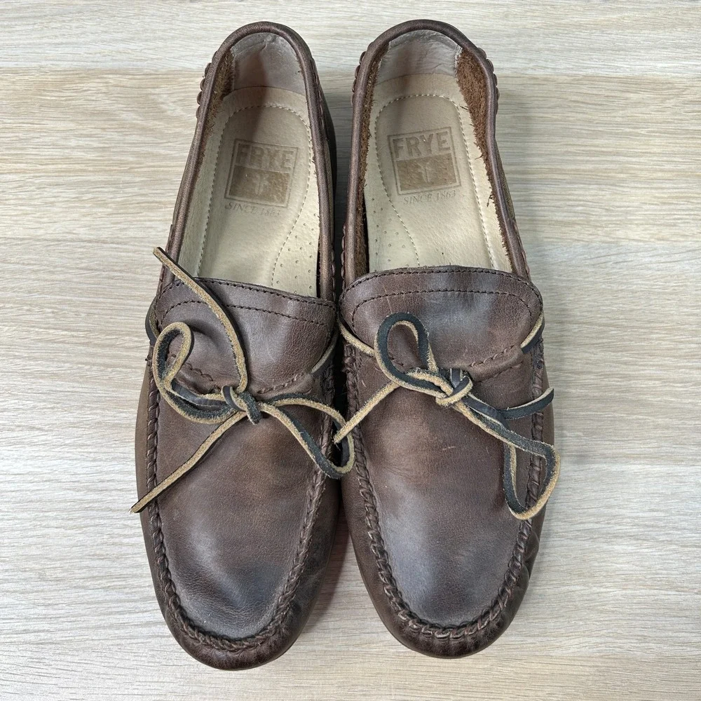 Frye Lewis Tie‎ Shoes Mens Size 8 Brown Leather Moccasin Loafers Casual Comfort